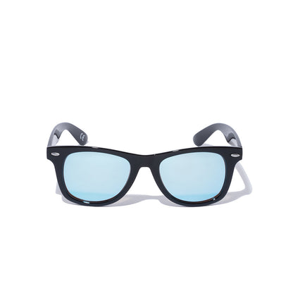 Gafas de sol Wellington, lentes cuadradas, montura negra brillante, lentes de espejo azul New era